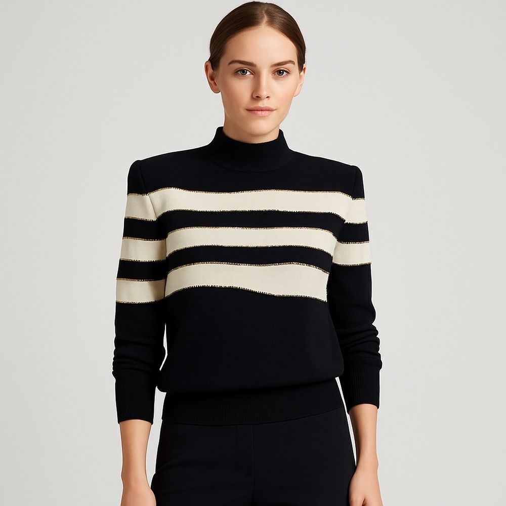 Revolve St. John Vintage Black White Striped Sweater with gold bead detailing